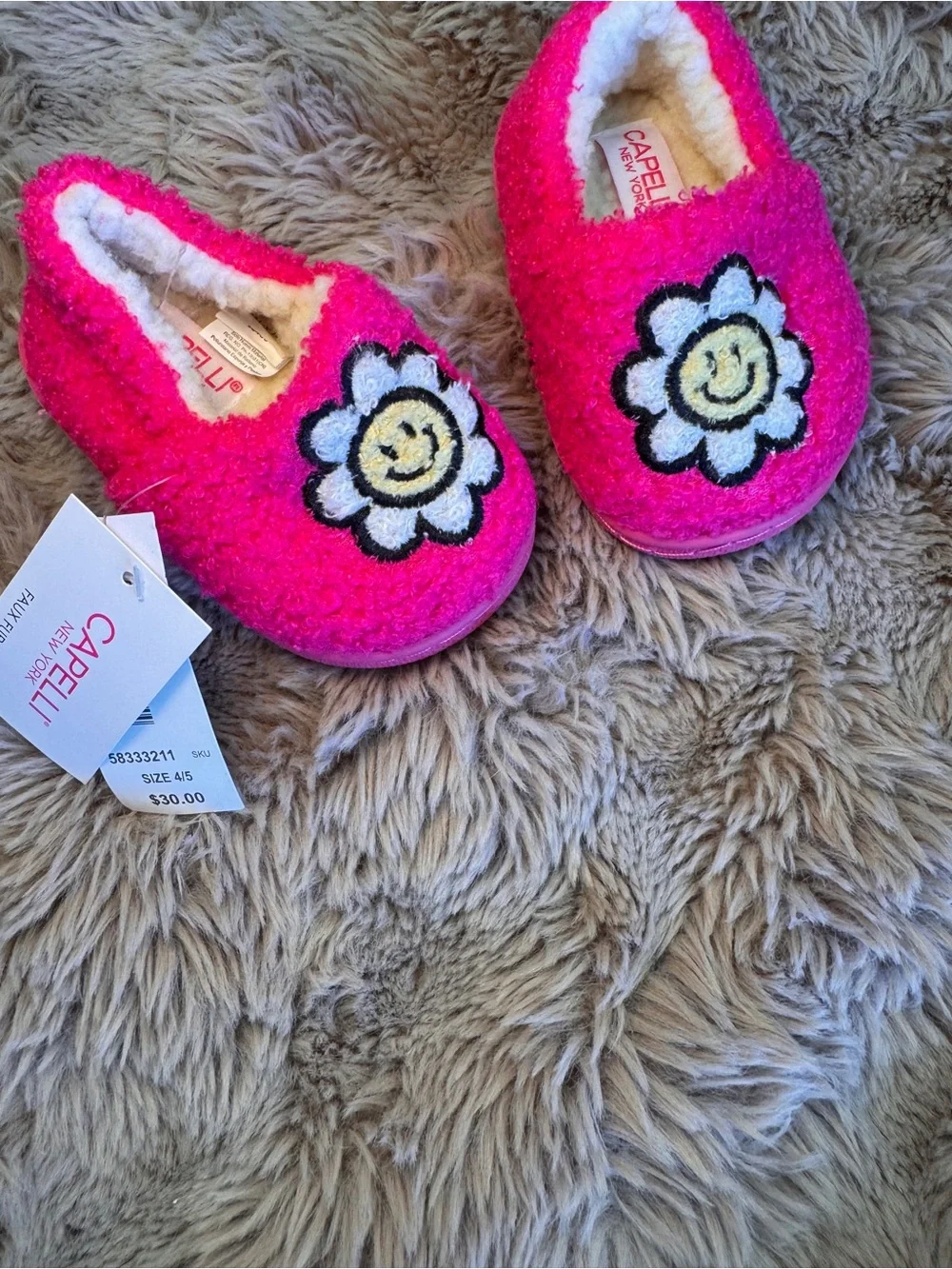 Capelli of New York Hot Pink Fuzzy Slippers with Smiley Daisy